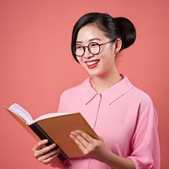 (1/4)穿着粉色衬衫的女孩手持一本笔记本，在工笔风格中展示着高超的绘画技巧，展现着微笑的核心，进步的学术精神，明亮的光泽，里昂学派，隋朝(AI绘图来自WeDraw.art)