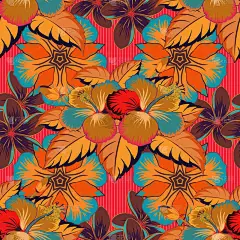 红色、粉色和橙色芙蓉花的无缝图案背景。许多红色、粉色和橙色花的矢量草图。手绘无缝花卉插图.