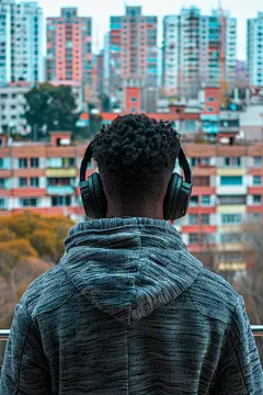 爱音乐的创意青年背影
