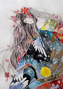 鹤月-方氿_方氿,原创,水彩,手绘,鹤,月,华丽,古风,和服,水彩手绘,鹤月_涂鸦王国插画