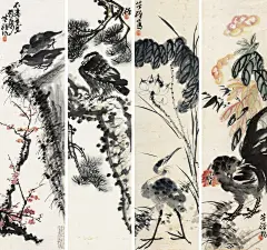 李苦禅 花鸟 四屏立轴 设色纸本作品欣赏