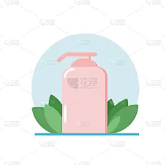 一瓶液体肥皂在一个平面风格的树叶背景。化妆品、卫生、护肤、洗手。图标贴纸、海报