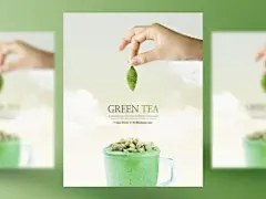 手拿叶子清新绿茶抹茶饮品大气宣传psd海报