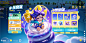 05443-3102564362-Game interface,Activity interface,logo,with a blue English background,Q-version,barefoot,smile,purple eyes,purple hair,mengqi,op