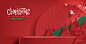 Merry Christmas banner with product display and festive decoration for christmas red background