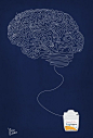This may contain: a drawing of a brain being hooked up to an electrical outlet by a string on a dark blue background