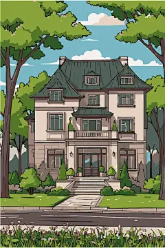 矢量手绘卡通别墅插画