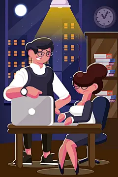 商务办公加班手绘插画