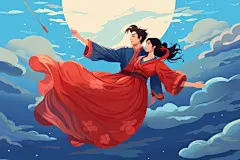 漫画风中国风汉服情侣七夕牛郎织女插画图片