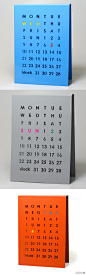 英国Block工作室设计的永恒台历由一块铁板和两块磁铁组成，铁板上有镂空的星期和数字，分别用磁铁盖住即可显示当前星期和日期。