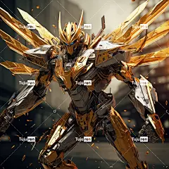 动感摄影、金色高达机甲、高达风格、展翅、战斗姿态、超高细节、
