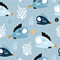 Seamless pattern with creative and colorful fishes and corals. Creative undersea childish texture. Great for fabric, textile Vector Illustration