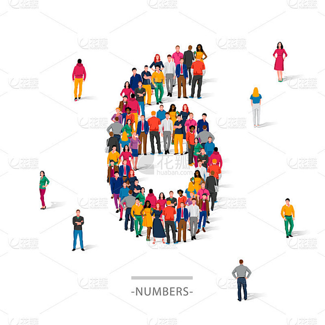 一大群人穿着五颜六色的衣服，站成数字6的形状。人类数字的概念。