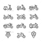 设置行摩托车——人造物体对象的图标Set Line Icons of Motorcycles - Man-made objects Objects自行车、斩波器、收集、循环发动机,前面,图标,说明,孤立的,线,助力车,越野赛,汽车,摩托车,摩托车,对象,对象,轮廓,象形图,骑手,踏板车,集,符号,速度,运动,象征,交通,车辆,视图,轮 bike, chopper, collection, cycle, engine, front, icons, illustration, isolated, line,