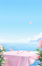 wallpaper with bright pink and blue screenshot 5, in the style of delicately rendered landscapes, hyperrealistic compositions, realistic blue skies, minimalist still life, flattened perspective, romantic illustration, shin hanga