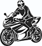 This may contain: a black and white drawing of a person on a motorbike with the helmet off