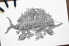 #CG原画#  希腊的插画家 Meni Chatzipanagiotou 的手绘作品，绘画的技巧加上丰富的想象力，让插画师的世界无奇不有。鲸鱼背上的房子，犹如宫崎骏的天空之城，那般美好~