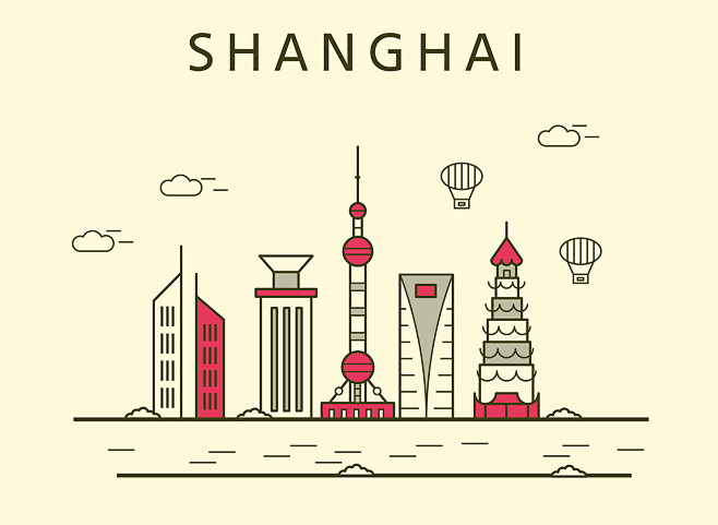 中国上海 手绘建筑 现代建筑 建筑插图插...