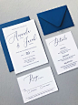 Elegant Script Modern day Wedding Invitation Suite in Navy Blue and White - by Wonderment Papers Co. #bestweddinginvitationsthoughts #weddinginvitationsguide