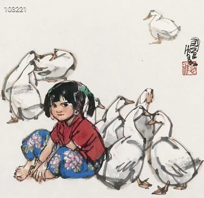 史国良《娃娃牧大鹅》作品欣赏_1_老左书...