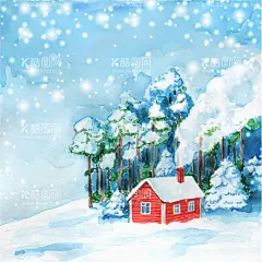 手绘冬天雪景  - 源文件下载【酷图网】红房子,森林,风景,手绘,水彩绘,冬天,雪花,雪景