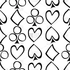 无缝矢量模式与图标的扑克牌。黑白背景与手绘符号。装饰重复点缀。系列游戏和赌博无缝矢量模式。