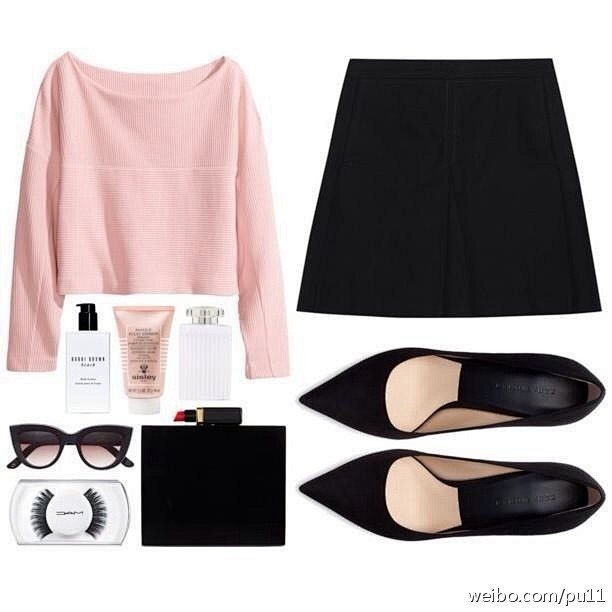 H&M粉色超短螺纹T恤+黑色A字裙+黑色...
