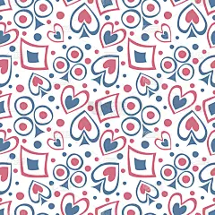 无缝矢量模式与图标的扑克牌。背景与手绘符号。装饰重复点缀。系列游戏和赌博无缝矢量模式。