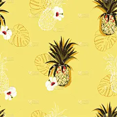 明亮的夏季矢量无缝图案与五颜六色的菠萝和芙蓉花与线条和绘图风格设计的时尚，织物，壁纸