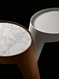 Morfeo Side Table : Bedside cabinet with a completely removable drawer. The structure is in curved poplar plywood with walnut canaletto wood veneer or completely covered with leather.Accessory: Top in gold calacatta marble