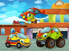 卡通场景中有汽车在道路上靠近车库或维修站和飞机在飞行