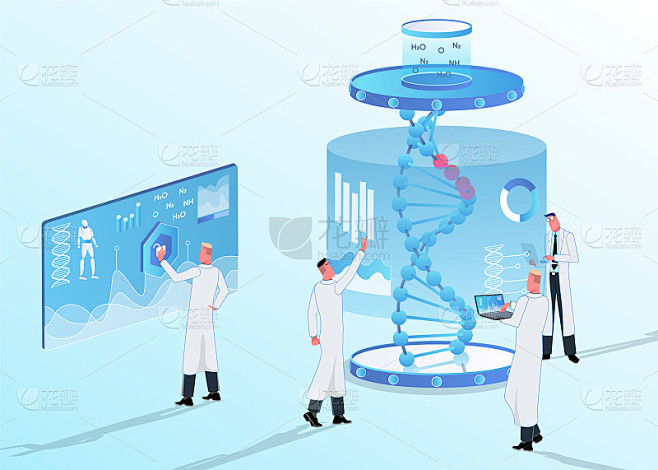 科学家们在实验室里对DNA进行遗传分析。围绕创新的图形和技术