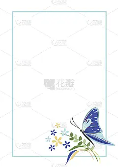 矢量空白的信件或贺卡。蓝色的框架，蝴蝶和花。A4格式。