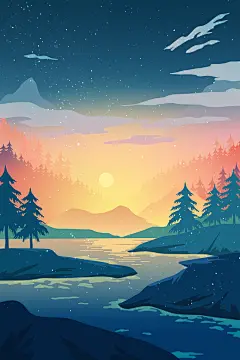 扁平风手绘风景插画模版