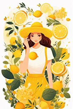 女生橘子扁平风水果女孩人像插画