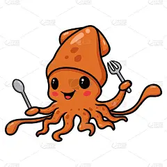 可爱的小鱿鱼卡通拿着叉子和勺子