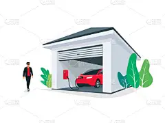 红色电动车停放收费在房屋车库壁柜充电器站在家里. 智能电池能量存储系统。 白色背景上的孤立矢量图解.