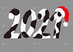 2021年在灰色背景的圣诞老人帽子插图上发现了毛茸茸的数字。新年快乐。创意字母与牛皮图案。名片设计