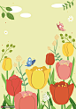 缤纷色彩郁金香花手绘蝴蝶花卉插画 植物花卉 其他植物