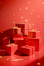 Red present boxes with stars on top and gold ribbon thrown onto the red surface, in the style of danish design, striped compositions, daan roosegaarde, sun-kissed palettes, packed with hidden details, polka dot madness, luminous shadows
