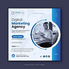 This may contain: a blue and white business flyer with an image of a man reading a book in front of