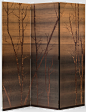 Branch Screen by ZELOUF and BELL at Bespoke Global : A spectral stand of silver birch at twilight; low contrast, tone-on-tone hand cut marquetry in brown oak wraps around the bog oak panels. The eye fills in details intentionally left out of the pattern.