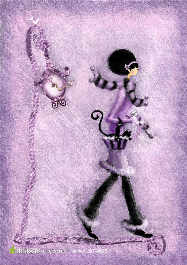 紫色背景里穿大衣戴围巾走路的女孩插画下载...