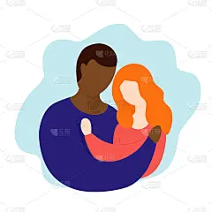 跨种族夫妇矢量插图。交互的婚姻。卡通涂鸦风格