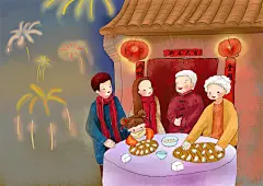 水彩手绘中国风新年春节风景插画图案喜庆人物背景图片PS设计素材