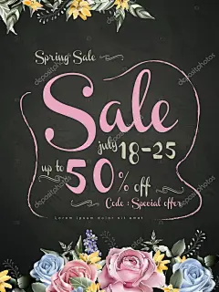 可爱的春天出售海报模板设计与黑色背景上的水彩花香