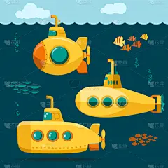 水下,潜水艇,鱼类,黄色,漫画,可爱的,帆,玩具,船,雷达
