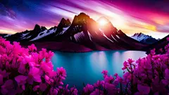 超现实的粉红色暮光之城在宁静的山湖上壁纸