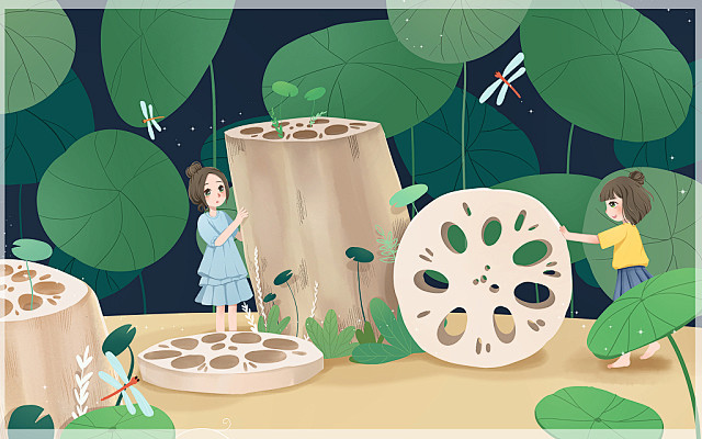卡通手绘绿色小暑夏天人和莲藕原创插画海报素材背景素材