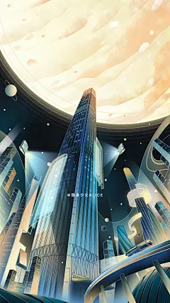 隐身少女Alice-2019.3 贝壳租房 贝壳新居住大会幻想插画 线条 国贸三期 科技感插画 未来建筑